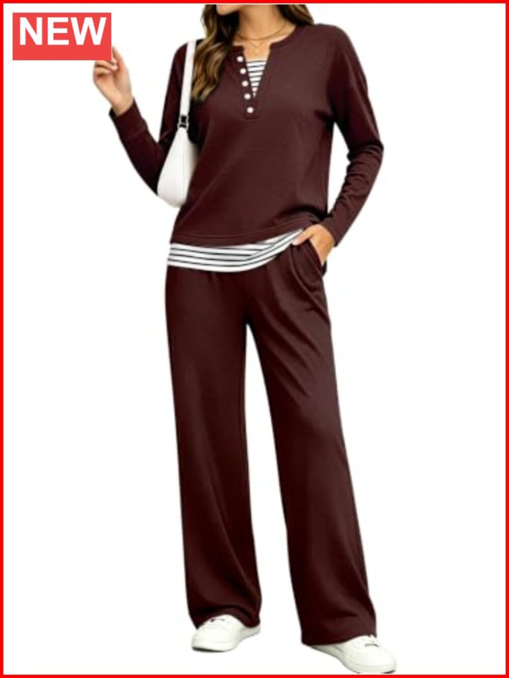 Women's 2 Piece Lounge Set Long Sleeve Henley Wide Leg Pants Travel Outfit